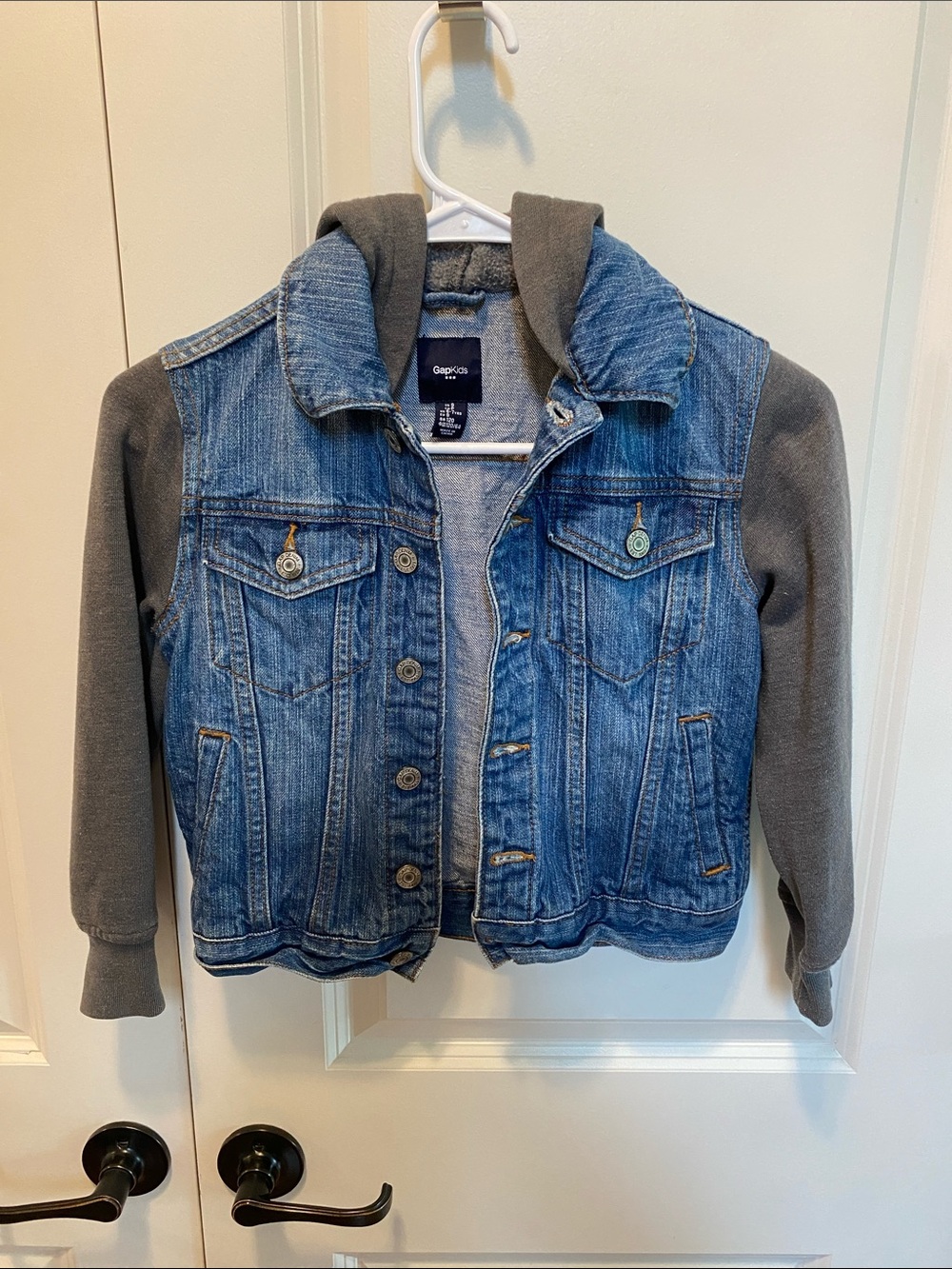 GAP Blue Denim Jacket with Gray Hoodie & Sleeves
